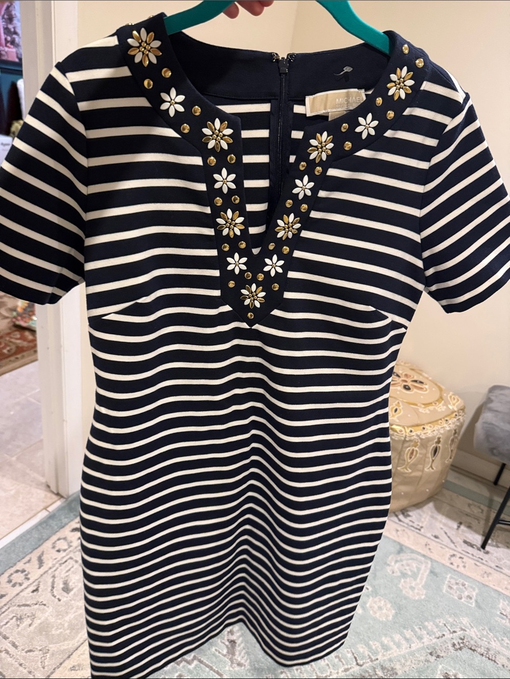 Michael Kors Navy White Stripe Floral Stud Neck Short Sleeve Sheath Dress M